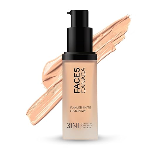 FACES CANADA FLAWLESS MATTE 3 IN 1 FOUNDATION MOISTURISER CONCEALER SUPREME HD COVERAGE SPF18 30ML