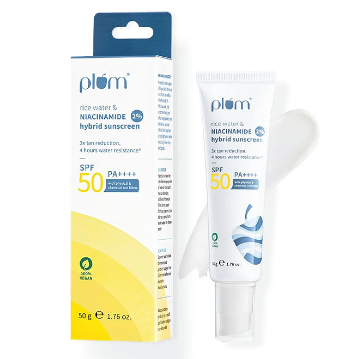 PLUM RICE WATER & NIACINAMIDE 2% HYBRID SUNSCREEN SPF 50 PA++++ 50G
