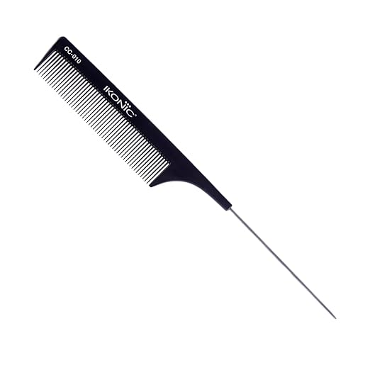 IKONIC CARBON COMB - CC-010 BLACK with Ionic Coating for Static free Styling, comes with an extended tapered steel handle that doubles as a Hair Picker, narrow teeth is ideal for Thin hair type