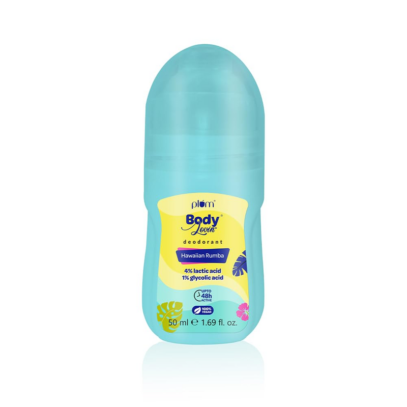 Plum Women's Bodylovin' Hawaiian Rumba Deodorant Roll On | 4% Lactic Acid & 1% Glycolic Acid | Controls Odor & Fades Underarm Darkness | 48 Hr Freshness | Fresh Beachy Fragrance|Aluminium-Free(50 Ml)