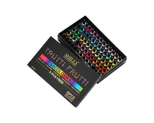 SHILLS PROFESSIONAL Nail Gel Polish 65 PCS Kit | 60 Colour UV/LED Soak Off Gel Polish Set with Base Coat, Top Coat Shine, Top Coat Matte, Nail Primer & Dehydrator | Professional Salon & Home Use (Pastel)