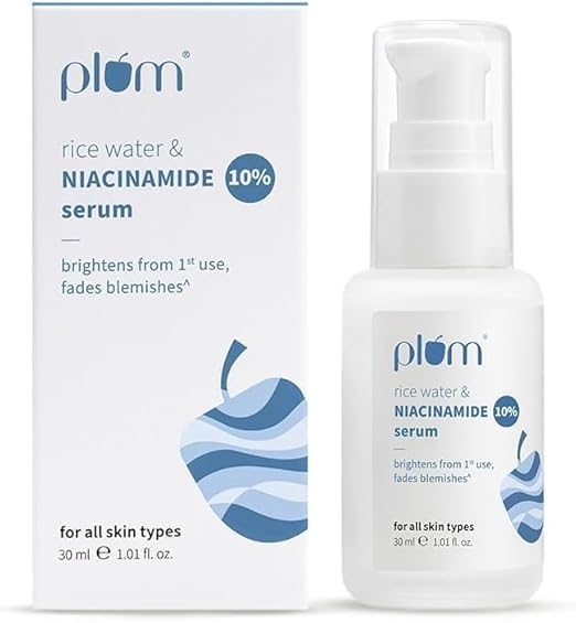 Plum 10% Niacinamide Serum with Rice Water | Provides Clear, Glowing & Brightening Skin | for Acne Prone, Combination, Oily & Sensitive Skin | Oil Control & Anti Acne Face Serum for Women & Men | 30ml