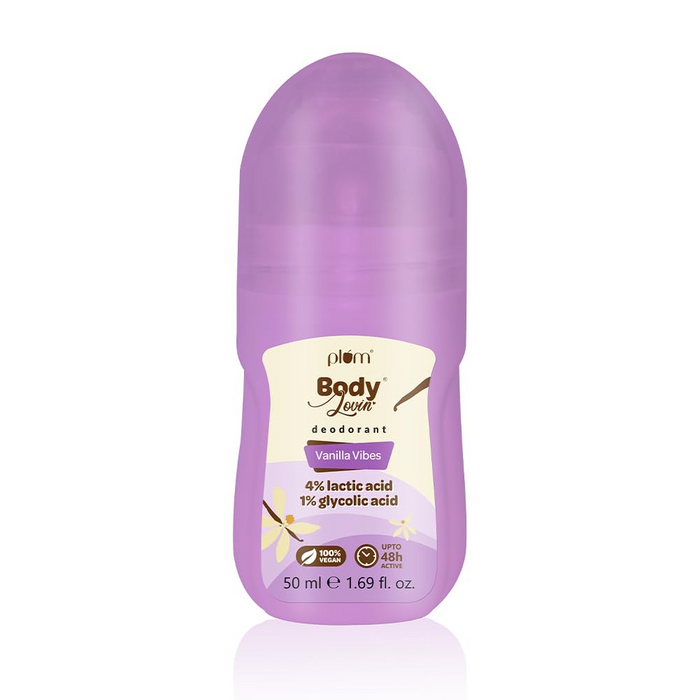 Plum BodyLovin' Vanilla Vibes Underarm Roll On for Women | Last Up to 48H | 4% Lactic Acid & 1% Glycolic Acid | Controls Odor & Fades Underarm Darkness | Warm Vanilla Fragrance Underarm Roll On | 50ml