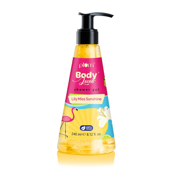 Plum BodyLovin' Lily Miss Sunshine Shower Gel | SLS Free Body Wash For Women | Long Lasting Fresh Fruity-Floral Fragrance | Aloe-Infused Nourishing Body Cleanser For Soft & Smooth Skin | 240ml