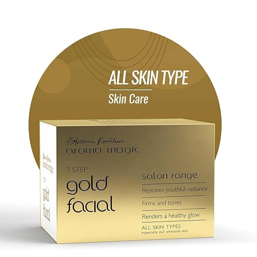 Aroma Magic 7 step Gold Facial Kit - Big Pack | Firms, Tones & Renders a healthy glowing skin | with Marigold & Rose Extracts | All Skin type | 5 Single Use kit set | Pack of 1