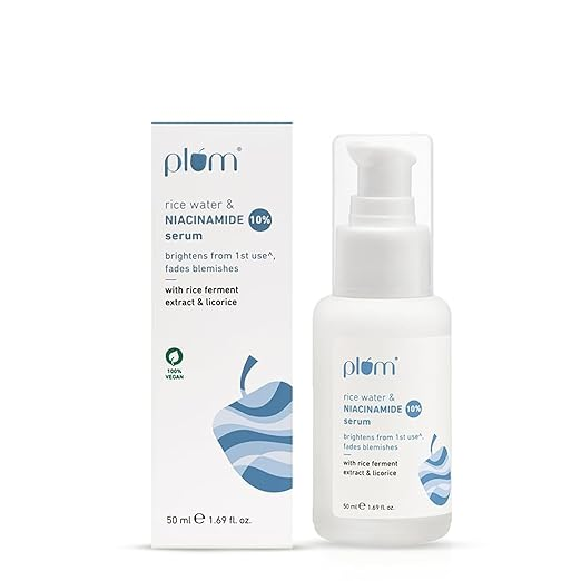 Plum 10% Niacinamide Serum with Rice Water 50ml | Provides Clear, Glowing & Brightening Skin | for Acne Prone, Combination, Oily & Sensitive Skin | Oil Control & Anti Acne Face Serum for Women & Men