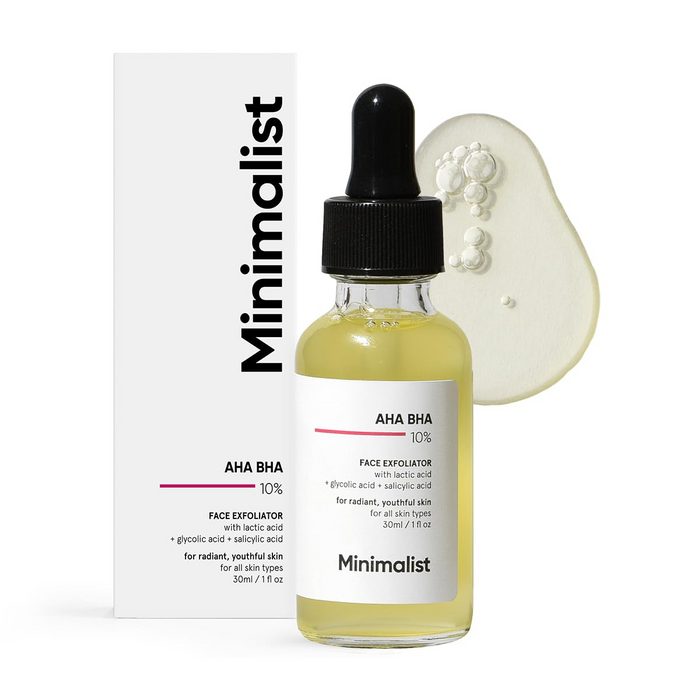 Minimalist 10% AHA BHA Exfoliating Serum For Beginners, AHAs (Lactic Acid & Glycolic Acid) & BHA (Salicylic Acid) Serum, 30ml