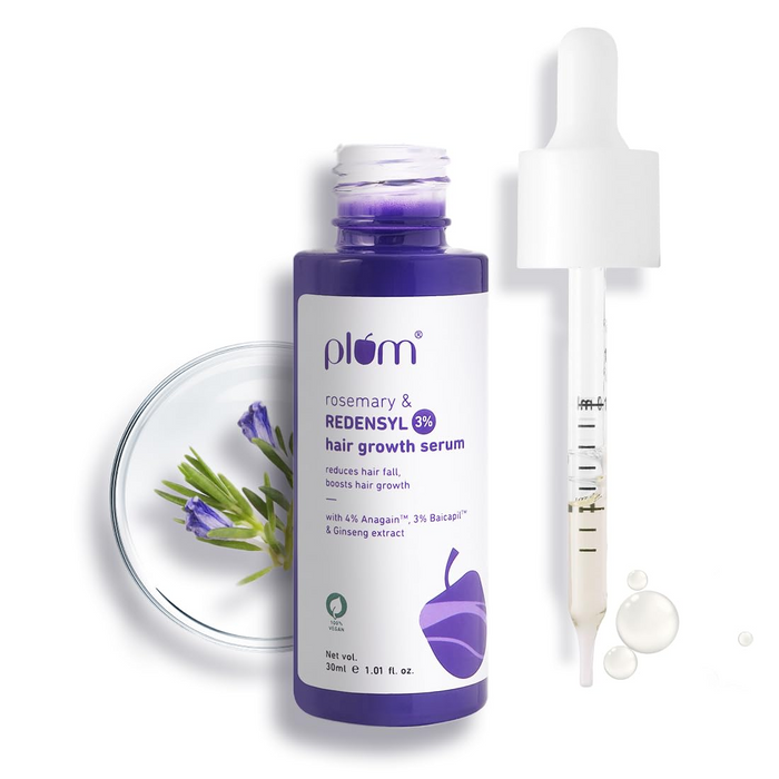 Plum Hair Growth Serum | 3% Redensyl + 4% Anagain + 3% Baicapil | Rosemary & Ginseng Extract | Anti-Hair Fall & Hair Density Booster | For Men & Women, Non-Greasy Formula | 30ml