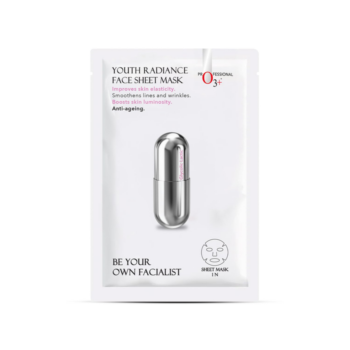 O3+ Facialist Youth Radiance Face Sheet Mask 30g, Collagen & Glycolic Acid for Brightening, Firming Skin, Reduces Fine Lines, Wrinkles & Puffiness, Suitable for All Skin Types