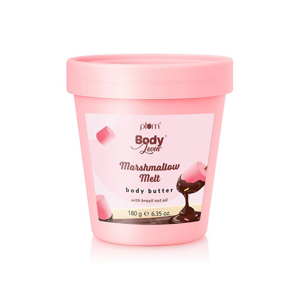 Plum BodyLovin' Marshmallow Melt Body Butter | Shea Butter & Brazil Nut Oil for Deep Moisturization | Non-Greasy & Lightweight | Buttery Soft, Smooth & Moisturised Skin | For Dry To Very Dry Skin | Cozy Cocoa Fragrance | 180gm