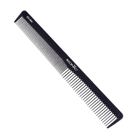 IKONIC CARBON COMB - CC-004 BLACK with Ionic Coating for Static free Styling, evenly spread out teeth and a straight top hold for easy switches between thin and thick sections of hair