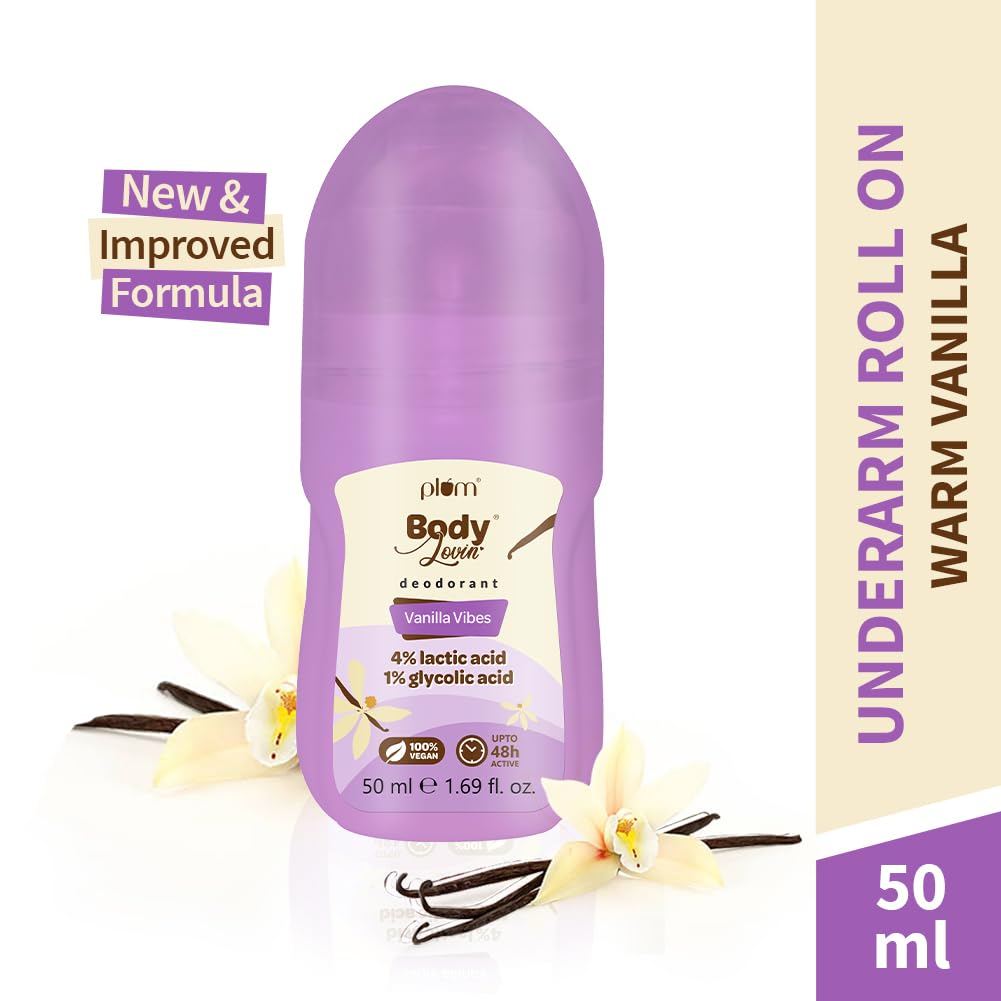 Plum BodyLovin' Vanilla Vibes Underarm Roll On for Women | Last Up to 48H | 4% Lactic Acid & 1% Glycolic Acid | Controls Odor & Fades Underarm Darkness | Warm Vanilla Fragrance Underarm Roll On | 50ml