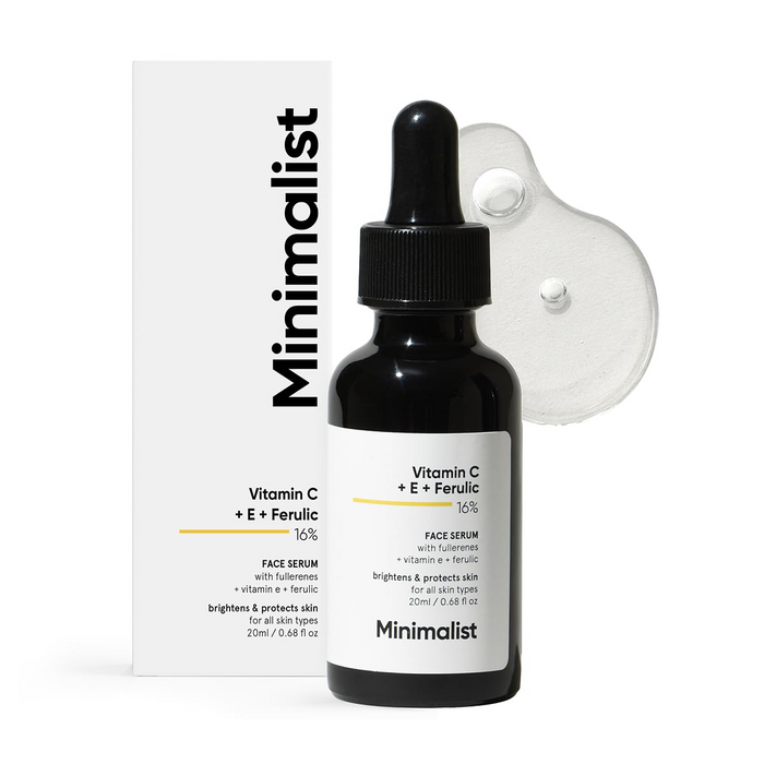 Minimalist 16% Vitamin C Face Serum – Brightening & Glow-Boosting Formula with Vitamin E, Ferulic Acid & Fullerenes, Antioxidant Boost for Radiant Skin (20 ml)