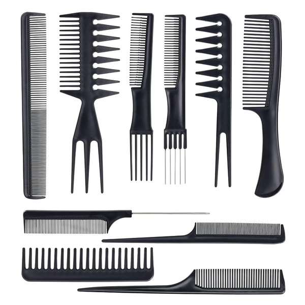 Professional 10-Piece Heat-Resistant Anti-Static Hair Styling Comb Set, Black, Unisex, Adults, All Hair Types, Plastic, For All Ages, Genders, Professionals, Personal Use