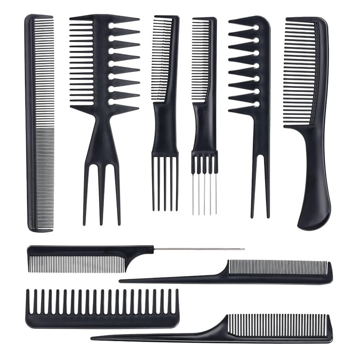 Professional 10-Piece Heat-Resistant Anti-Static Hair Styling Comb Set, Black, Unisex, Adults, All Hair Types, Plastic, For All Ages, Genders, Professionals, Personal Use
