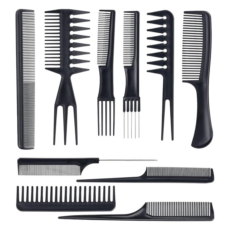 Professional 10-Piece Heat-Resistant Anti-Static Hair Styling Comb Set, Black, Unisex, Adults, All Hair Types, Plastic, For All Ages, Genders, Professionals, Personal Use