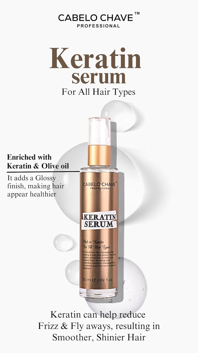 CABELO CHAVE PROFESSIONAL Keratin Hair Serum | With Keratin Protein | Reduces Frizz & Flyaways | Provides Deep Hydration & Smooth Shine | For All Hair Types | Men & Women | 50ml