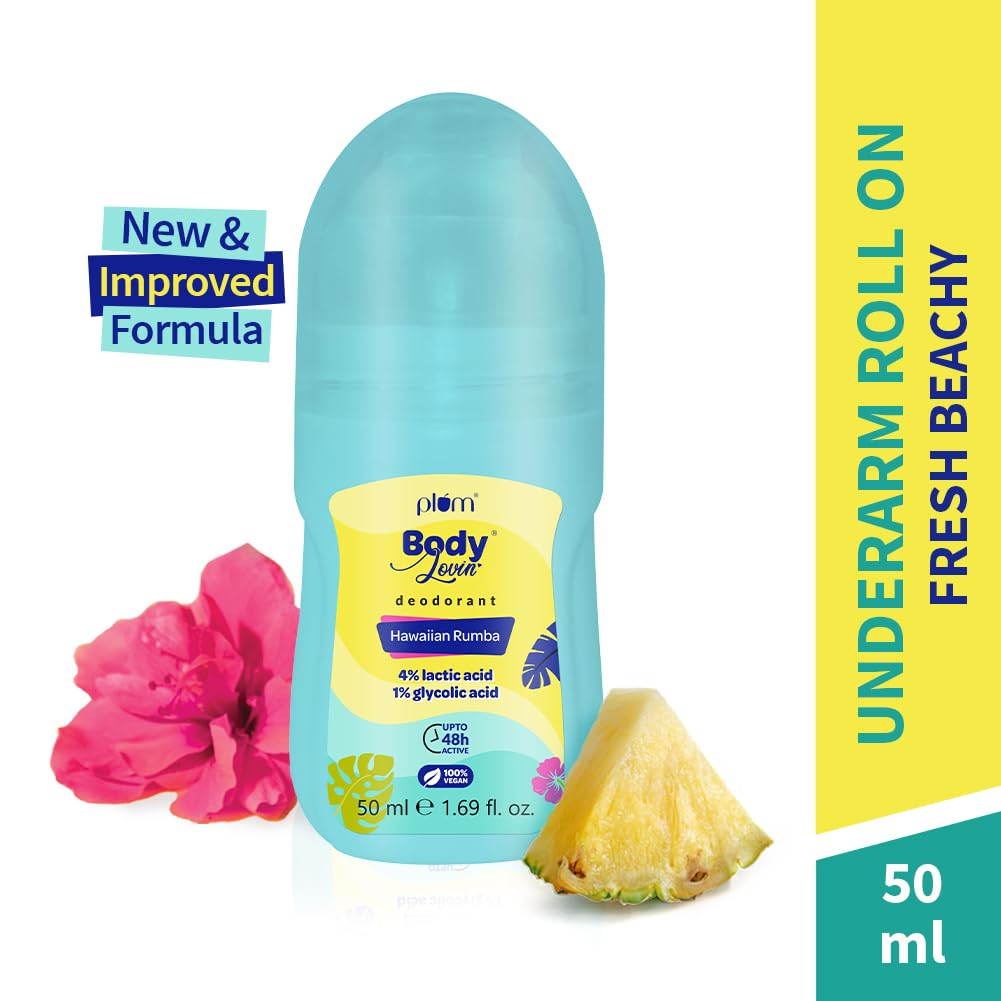 Plum Women's Bodylovin' Hawaiian Rumba Deodorant Roll On | 4% Lactic Acid & 1% Glycolic Acid | Controls Odor & Fades Underarm Darkness | 48 Hr Freshness | Fresh Beachy Fragrance|Aluminium-Free(50 Ml)