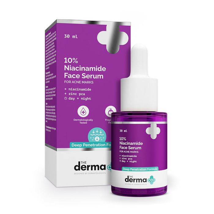 The Derma Co 10% Niacinamide Serum with 2% Zinc, Powered by Deep Penetration Formula™ | Fades Acne Marks, Controls Oil & Reduces Dark Spots | 30 ml