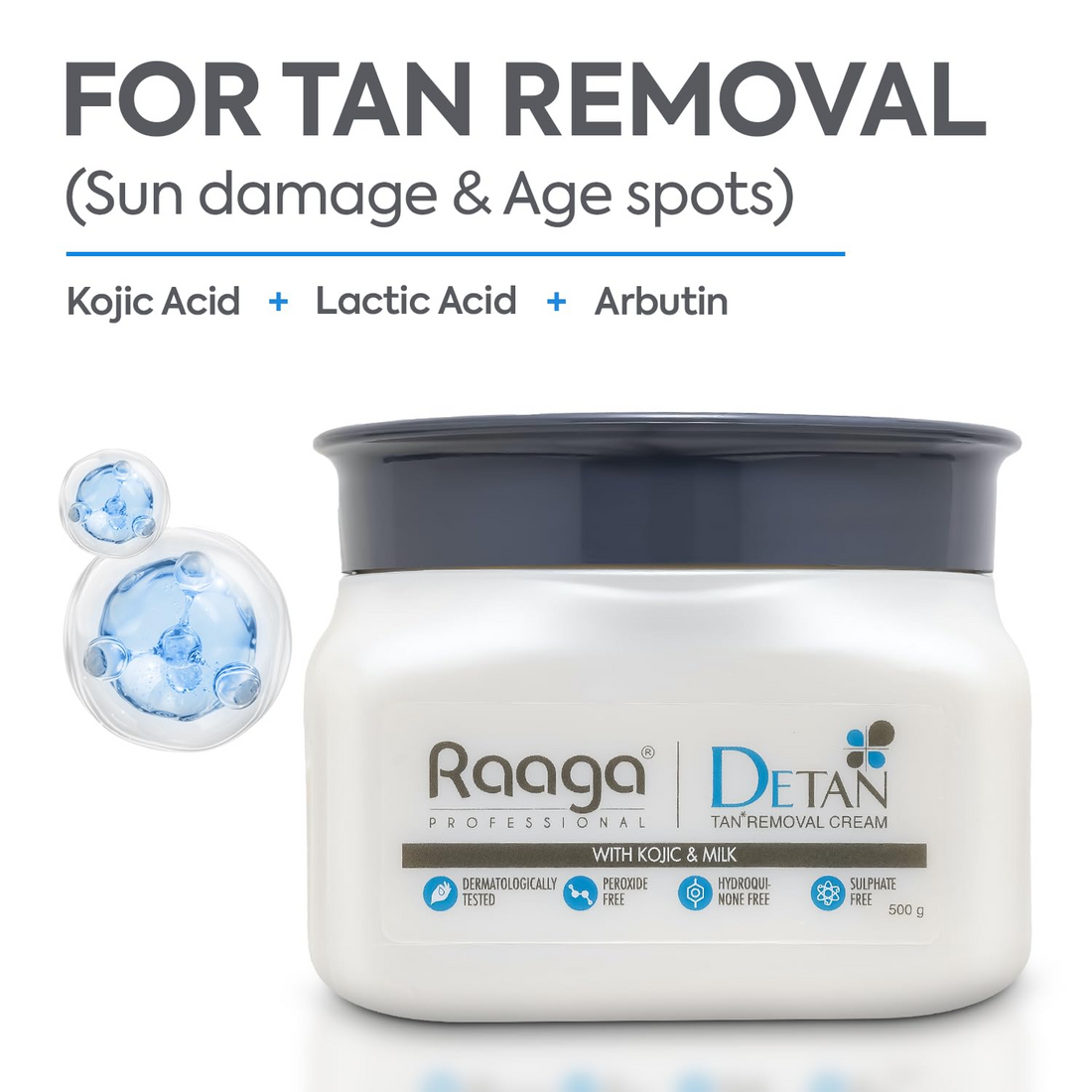 Raaga Professional DeTan Tan Removal Cream | Kojic & Milk | Reduces Tan, Dark Spots & Dullness | Dermatologically Tested, Peroxide & Sulphate Free | 500 gm