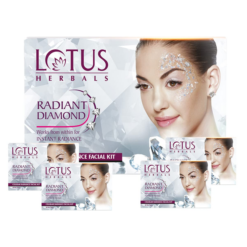 Lotus Herbals Radiant Diamond Cellular Radiance 4 In 1 Facial Kit | With Diamond Dust & Cinnamon | For Women & Men | Chemical Free| Reduce Blemishes| For All Skin Types | 4x37g