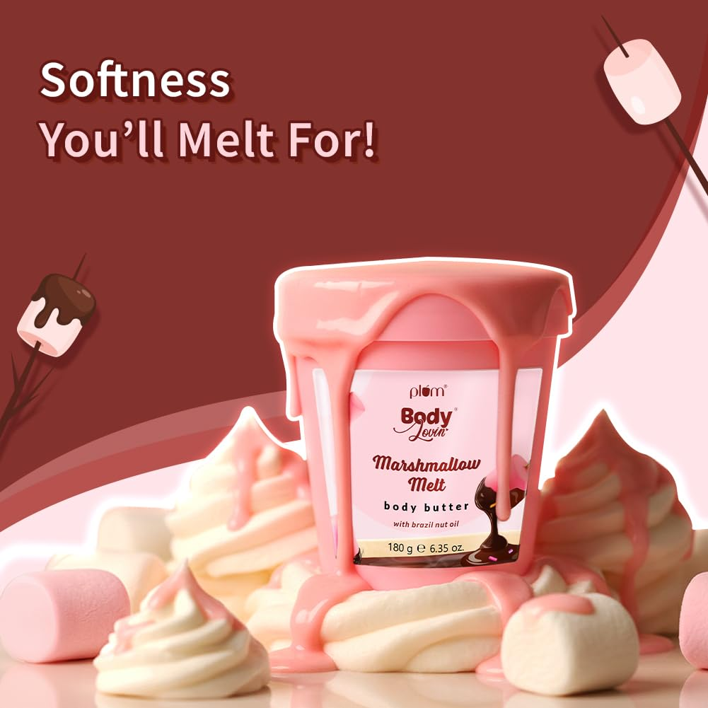 Plum BodyLovin' Marshmallow Melt Body Butter | Shea Butter & Brazil Nut Oil for Deep Moisturization | Non-Greasy & Lightweight | Buttery Soft, Smooth & Moisturised Skin | For Dry To Very Dry Skin | Cozy Cocoa Fragrance | 180gm