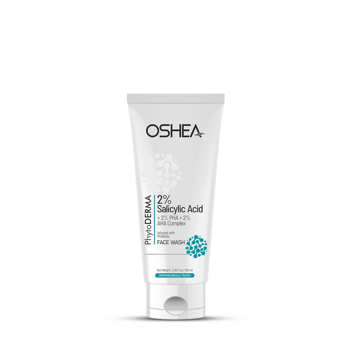 Oshea Phytoderma 2% Salicylic Acid + 2% PHA + 2% AHA Facewash for Women & Men | Care for Blackheads, Whiteheads, Acne & Congested Pores | Infused with Probiotic (100ml)