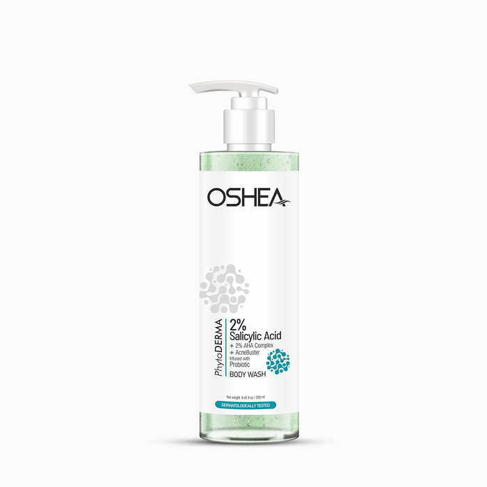 OSHEA  PhytoDERMA 3% AHA + 2% Salicylic Acid Complex Acne Buster Body Wash 250ml | For Body Acne, Rough Skin, Clogged Pores | Infused with Probiotic | Deep Pore Cleansing