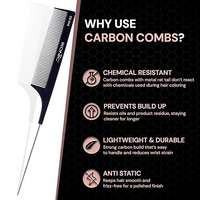 IKONIC CARBON COMB - CC-010 BLACK with Ionic Coating for Static free Styling, comes with an extended tapered steel handle that doubles as a Hair Picker, narrow teeth is ideal for Thin hair type
