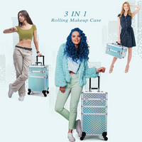 Cosmetology Case on Wheels 3 in 1 Rolling Makeup Train Case Nail Tech Makeup Organizers Storage Cart Cosmetic Trolley Travel Barber Suitcase for Make up Artist Manicure Hair Lockable