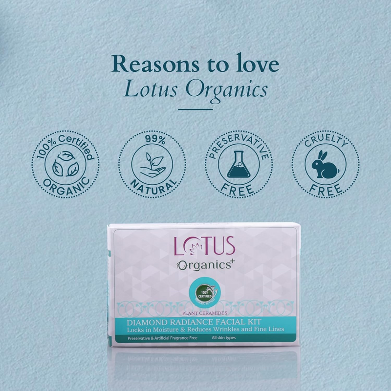 Lotus Organics Diamond Radiance Facial Kit | Made with 100% certified Plant Ceramide & Diamond Dust | Provides Deep Skin Hydration | Helps Reduce Wrinkles & Fine Lines | Helps Tighten Saggy Skin | Suitable for All Skin Types |