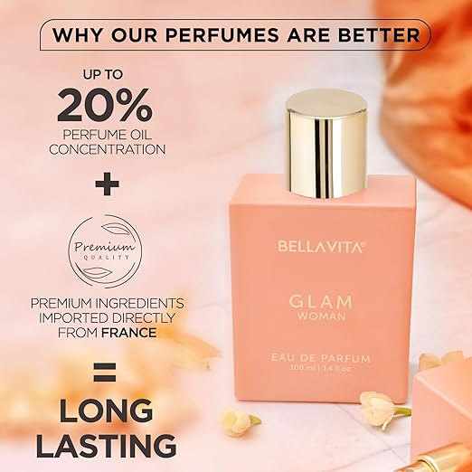 Bella Vita Luxury GLAM | Long Lasting Perfume for Woman | EDP 100ml | African Orange, Jasmine & Patchouli | Floral, Fruity, Woody Premium Fragrance for Women