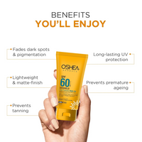 Oshea Herbals SPF 60 PA+++ Non Sticky UVshield Matte Gel Sunscreen for All Skin Types | Reduces Ageing with Signs of Sun Damage, Protects from UVA & UVB | Enriched with Apple & Peony Flower Extract 60g