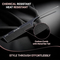 IKONIC CARBON COMB - CC-010 BLACK with Ionic Coating for Static free Styling, comes with an extended tapered steel handle that doubles as a Hair Picker, narrow teeth is ideal for Thin hair type
