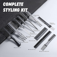 Professional 10-Piece Heat-Resistant Anti-Static Hair Styling Comb Set, Black, Unisex, Adults, All Hair Types, Plastic, For All Ages, Genders, Professionals, Personal Use