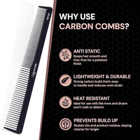 IKONIC CARBON COMB - CC-004 BLACK with Ionic Coating for Static free Styling, evenly spread out teeth and a straight top hold for easy switches between thin and thick sections of hair