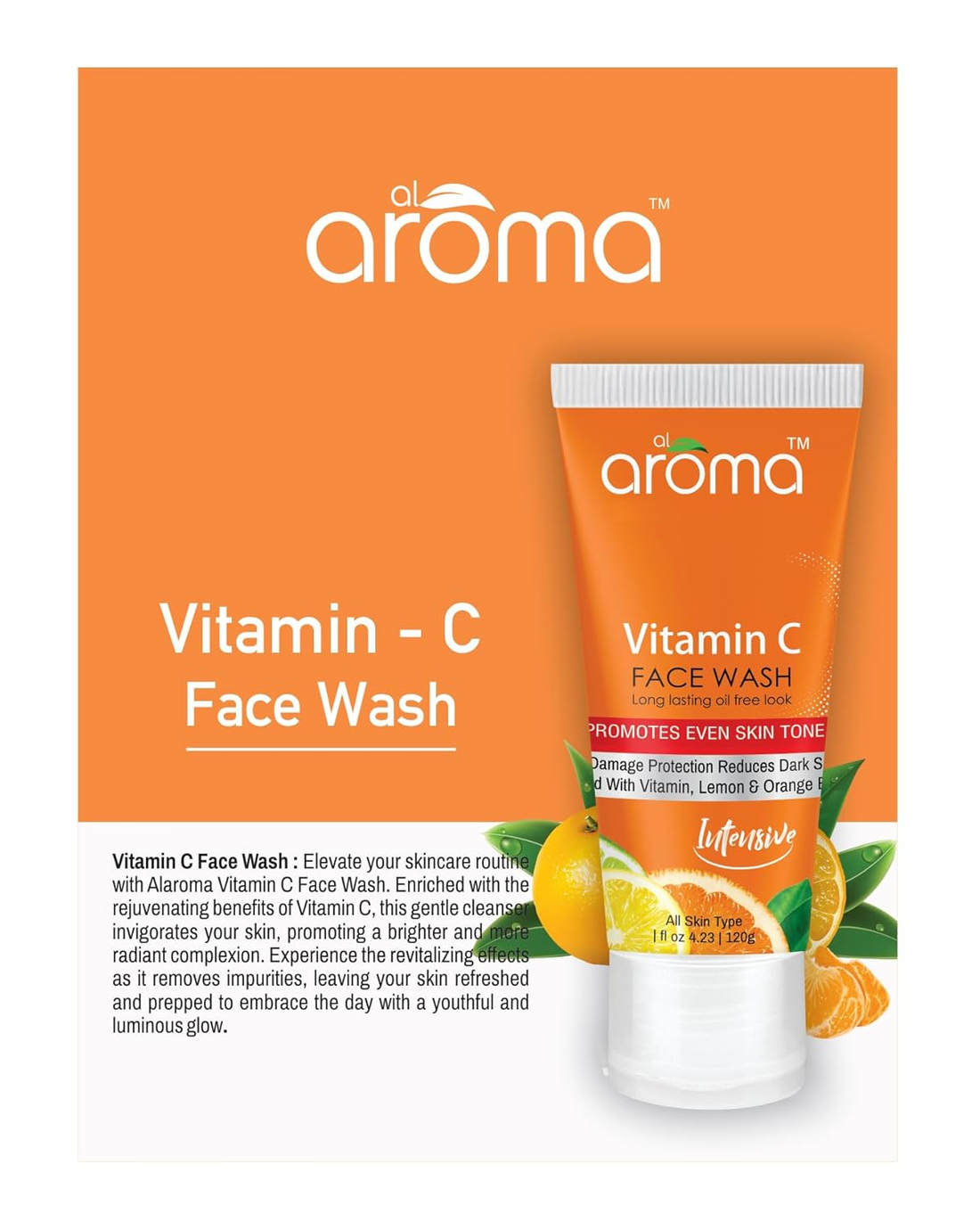 AROMA LEAFS Vitamin C Face Wash, Promotes Even Skin Tone, Reduces Dark Spots, With Lemon & Orange Extracts, 120g