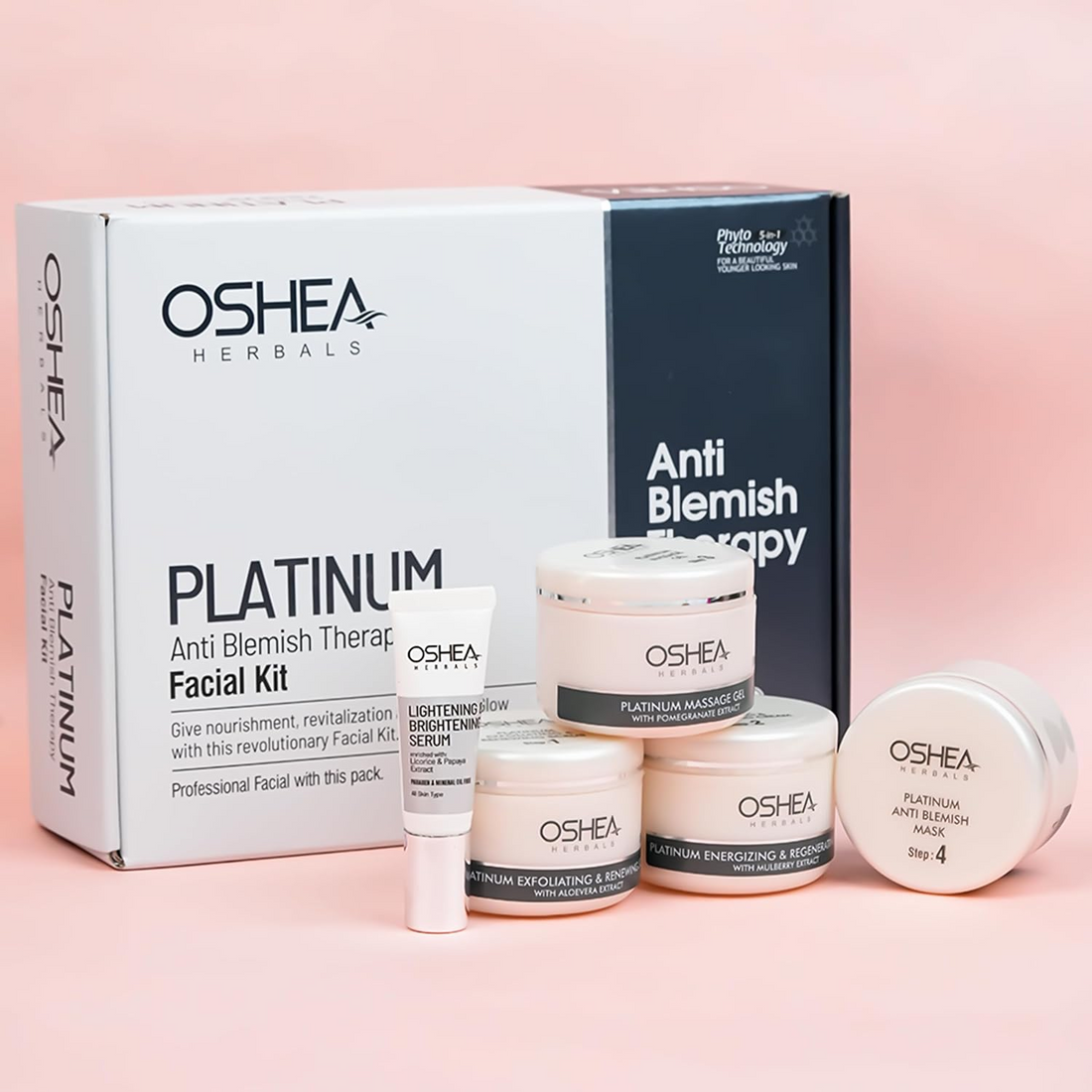 Oshea Herbals Platinum Anti Blemish Therapy Facial Kit or All Skin Types | Nourishes, Revitalizes, and Protects Collagen for Instant Glow 209g