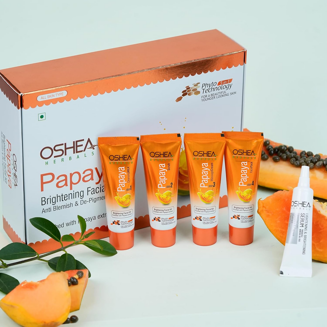 Oshea Herbals Papaya Brightening Facial Kit for All Skin Types | Reduces Blemishes & Pigmentation | Glowing Skin with Papaya Extracts 64g