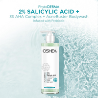 OSHEA  PhytoDERMA 3% AHA + 2% Salicylic Acid Complex Acne Buster Body Wash 250ml | For Body Acne, Rough Skin, Clogged Pores | Infused with Probiotic | Deep Pore Cleansing