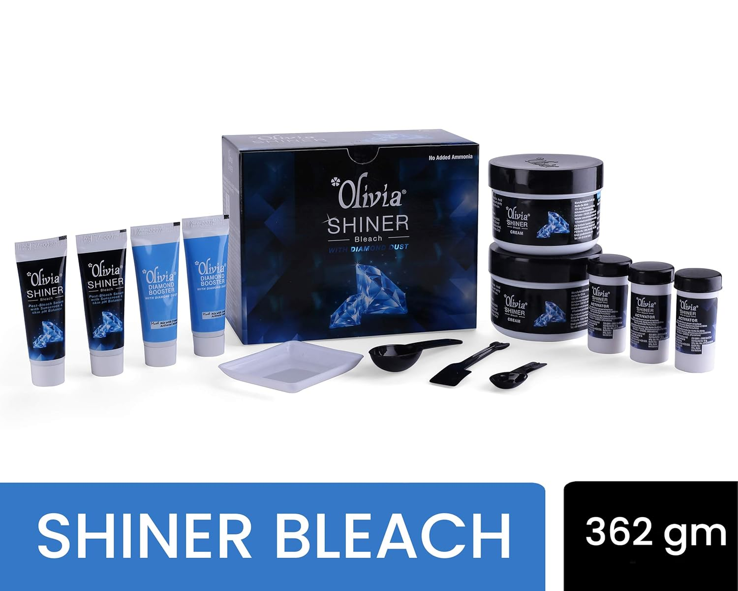 Olivia Shiner Bleach | With Diamond Dust & Shiner Booster | Sparkling Glow | Enhances Skin Tone | Fades Facial Hair | Revitalizes Radiance | Gentle & Safe for All Skin Types | 362g ( BUY SHINER GET FAIRNESS FREE )