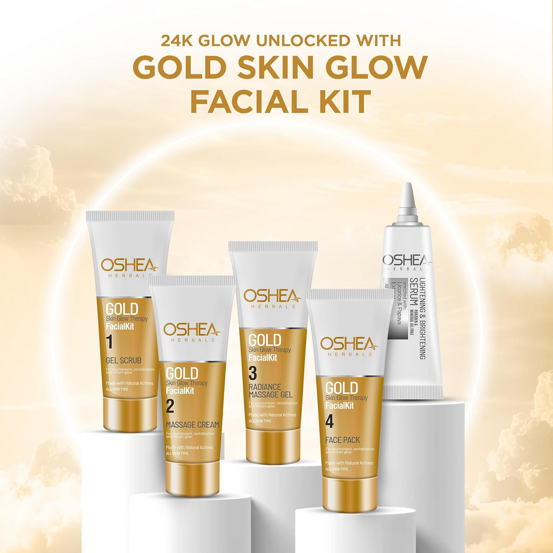 Oshea Herbals Gold Skin Glow Therapy Facial Kit for All Skin Types | Instant Radiance & Nourishment for Healthy, Clear Skin | Enriched with Mulberry, Licorice & Aloe Vera Extract – 64g