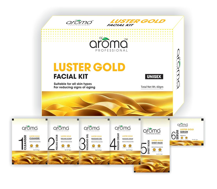 AROMA Luster Gold Facial Kit For Radiant and Glowing Skin, Enriched with Gold Dust and Herbal Extracts, Enhances Skin Brightness and Revitalizes Complexion, Suitable for All Skin Types, Complete Facial Kit for Women and Men