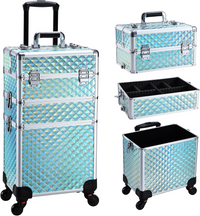Cosmetology Case on Wheels 3 in 1 Rolling Makeup Train Case Nail Tech Makeup Organizers Storage Cart Cosmetic Trolley Travel Barber Suitcase for Make up Artist Manicure Hair Lockable