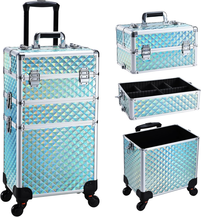 Cosmetology Case on Wheels 3 in 1 Rolling Makeup Train Case Nail Tech Makeup Organizers Storage Cart Cosmetic Trolley Travel Barber Suitcase for Make up Artist Manicure Hair Lockable
