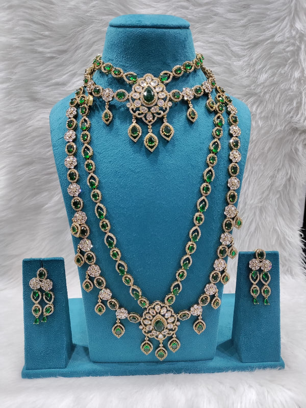 AMERICAN DIAMOND MEHNDI POLISH ROYAL EMERALD BRIDAL JEWELLERY SET
