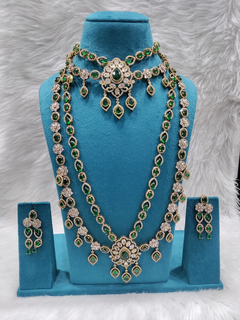 AMERICAN DIAMOND MEHNDI POLISH ROYAL EMERALD BRIDAL JEWELLERY SET