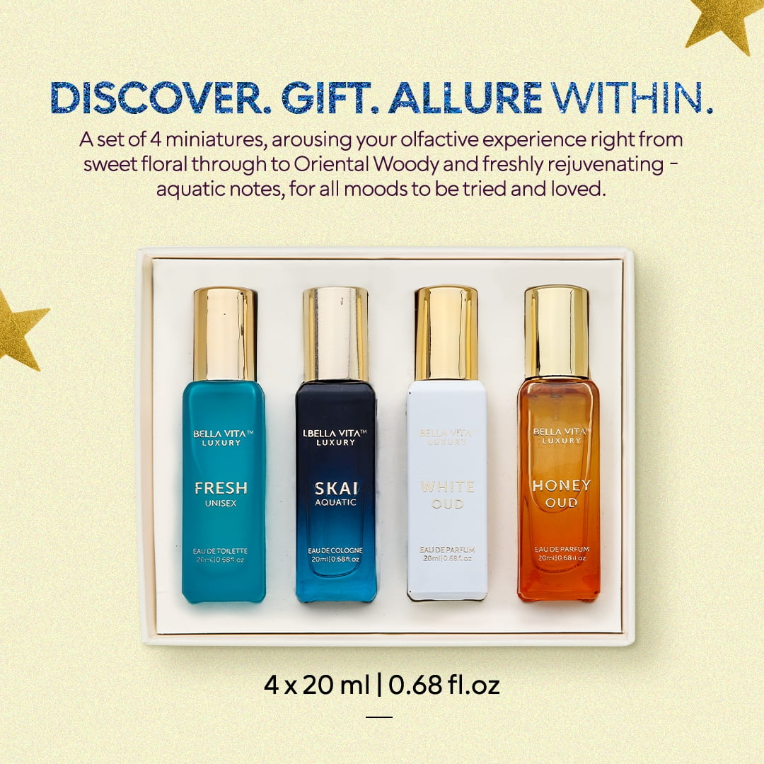 Bella Vita Luxury Long Lasting Unisex Perfume Gift Set | Perfume for Man | Gifts for Woman | 4x20ml | Woody, Aquatic & Sweet Premium Fragrance